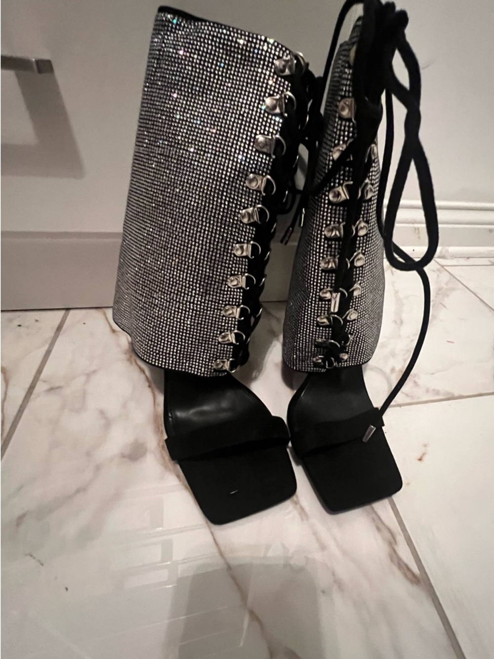 Black Square-Toe Lace-Up Heels with Silver Crystal Shaft